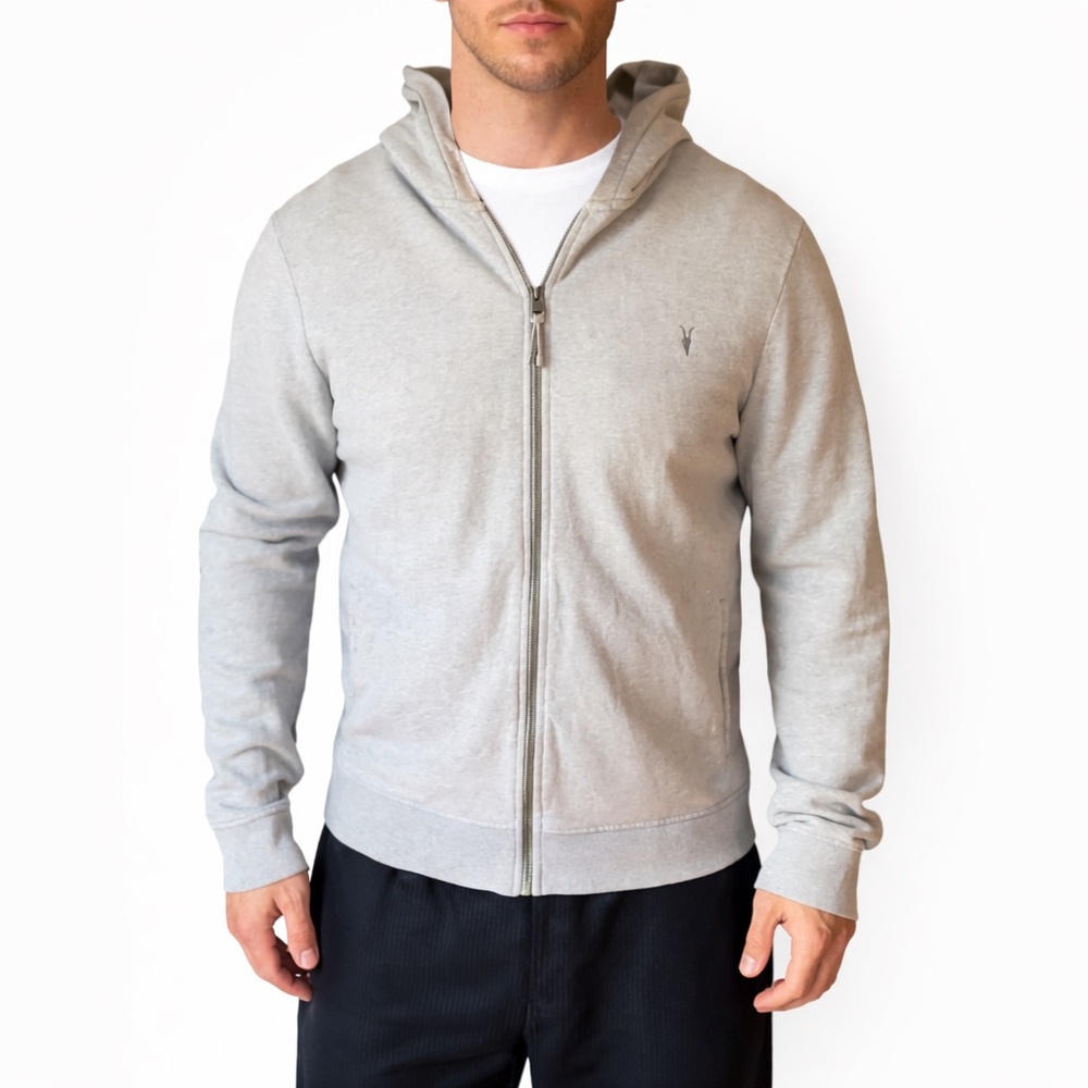 AllSaints Raven Zip Hoodie XL Light Grey Ramskull Organic Cotton Full Zip
